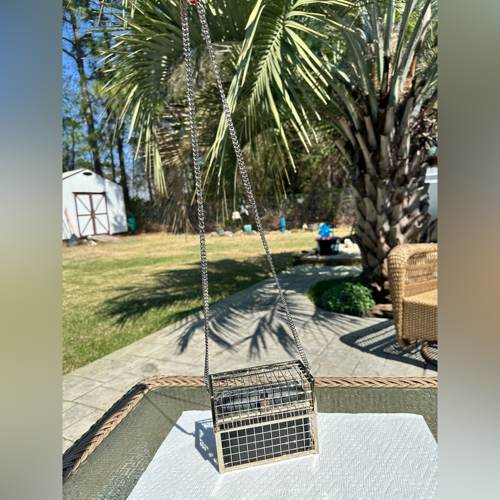 Silver and Black Cage Clutch with Chain - Picture 2 of 11